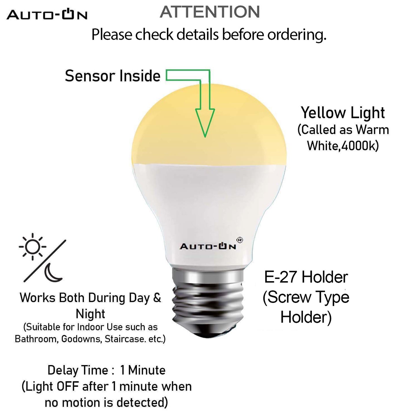 Auto-ON Motion Sensor LED Bulb E27 Screw Type (9W) (Automatic ON/OFF) (Works both during Day/Night) (Only Motion Sensing) (One Year Warranty) - (Yellow,Pack of 1)