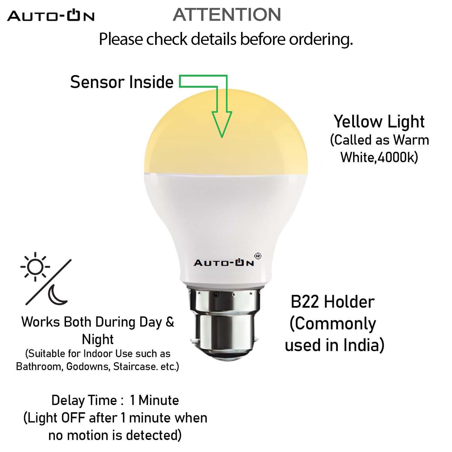 Auto-ON Motion Sensor LED Bulb (9W) (Automatic ON/OFF) (Works both during Day/Night) (Only Motion Sensong) (One Year Warranty) - Yellow Light Color - Pack of 1