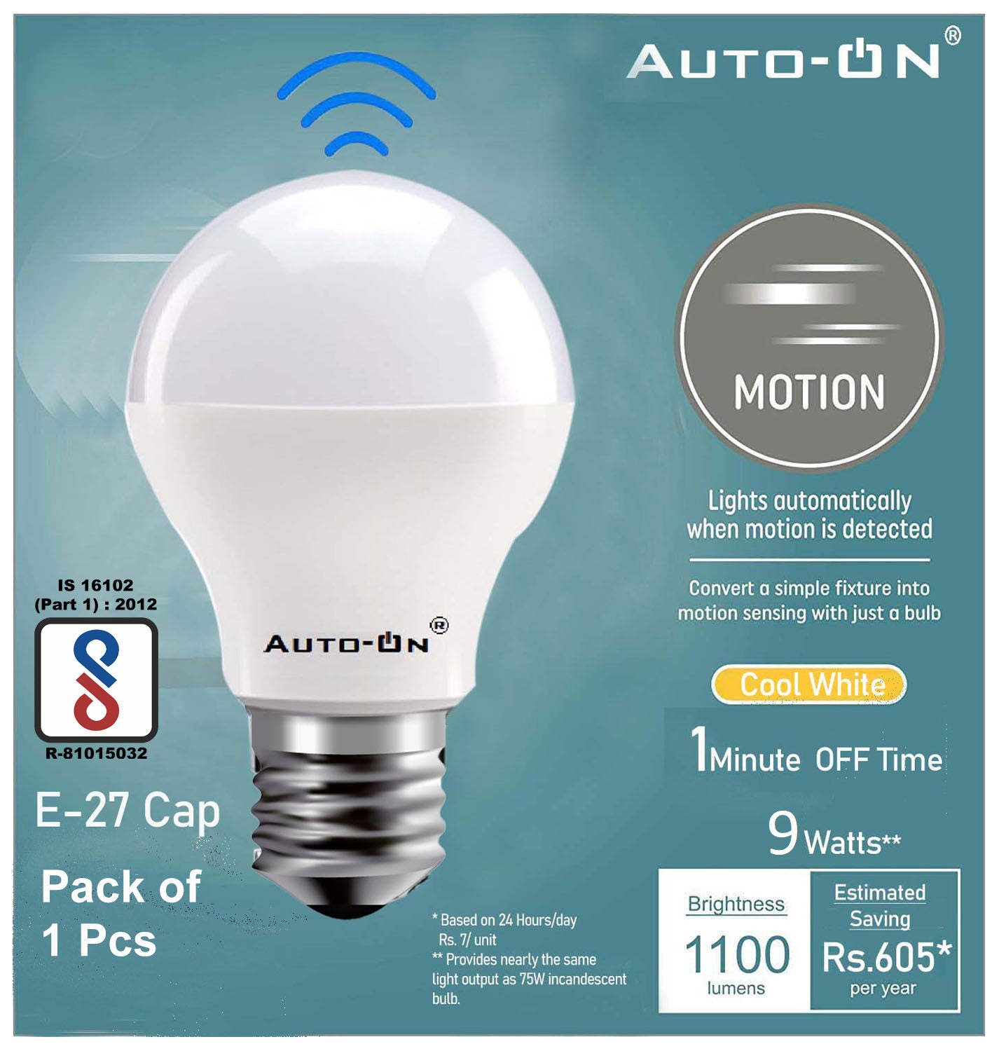 Auto-ON Motion Sensor LED Bulb E27 Screw Type (9W) (Automatic ON/OFF) (Works both during Day/Night) (Only Motion Sensing) (One Year Warranty) - (Pack of 1)