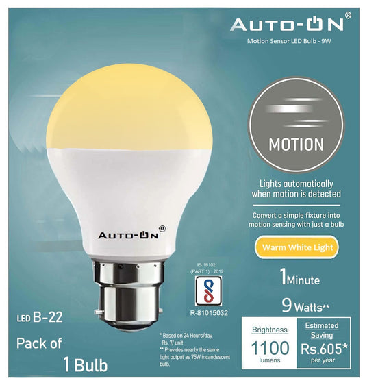 Auto-ON Motion Sensor LED Bulb (9W) (Automatic ON/OFF) (Works both during Day/Night) (Only Motion Sensong) (One Year Warranty) - Yellow Light Color - Pack of 1