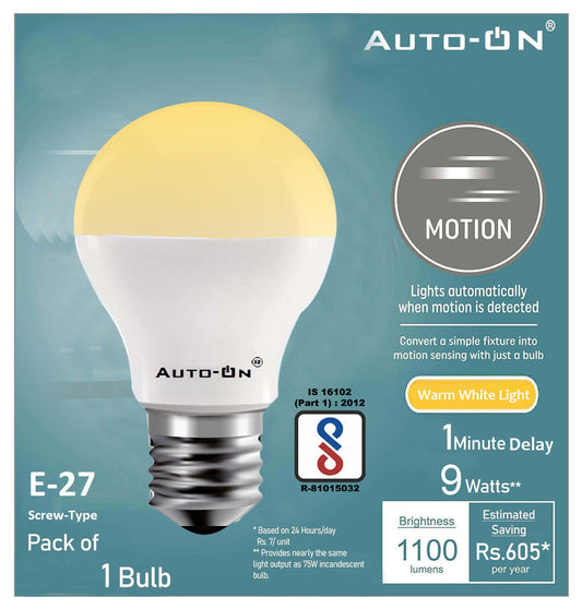 Auto-ON Motion Sensor LED Bulb E27 Screw Type (9W) (Automatic ON/OFF) (Works both during Day/Night) (Only Motion Sensing) (One Year Warranty) - (Yellow,Pack of 1)