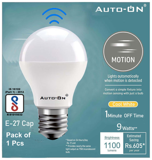 Auto-ON Motion Sensor LED Bulb E27 Screw Type (9W) (Automatic ON/OFF) (Works both during Day/Night) (Only Motion Sensing) (One Year Warranty) - (Pack of 1)