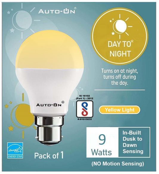 Auto-ON Day/Night Sensor LED Bulb (9W) (OFF during Day, ON during Night)- Yellow Light Color (One Year Warranty)- Pack of- 1