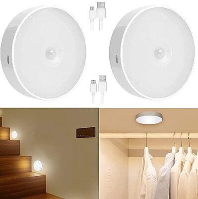 Auto- On Rechargeable Motion Sensor Night Light with Self-Adhesive Design for Home Use - Ideal for Hallways, Wardrobes, Bedrooms, Stairs, Bathrooms, Kitchens, and Basements (Cool White, Pack 2)